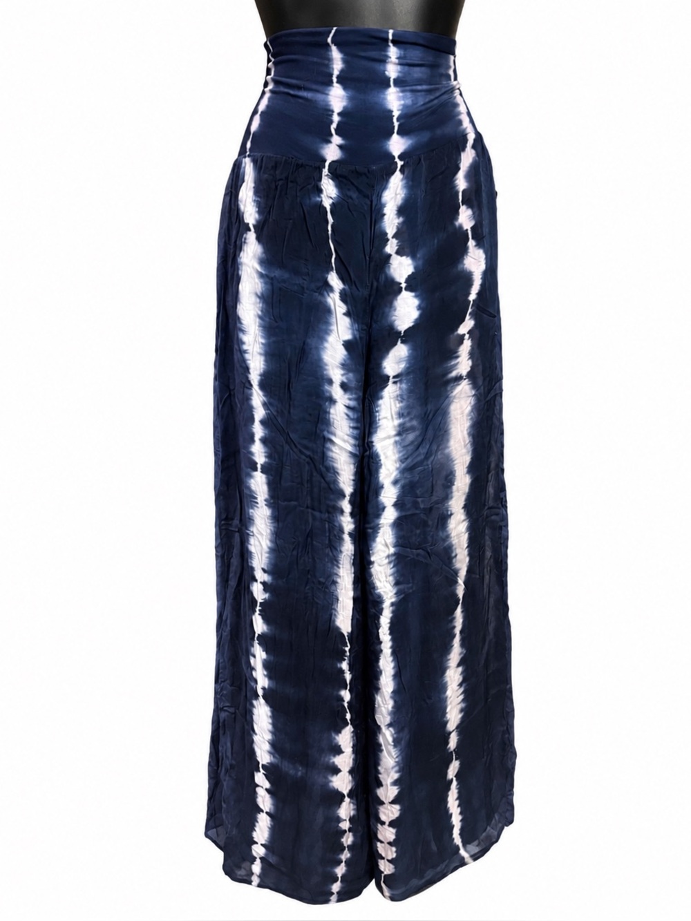 Boston Proper high-waisted, navy blue and white vertical tie-dye pants small